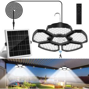 Solar Shed Light Motion Sensor Lights Outdoor IP65 Waterproof with Remote Control, Solar Powered Pendant Light Indoor with 5+1 Panels for Garden, Gazebo, Chicken Coop, Patio, Balcony, Barn