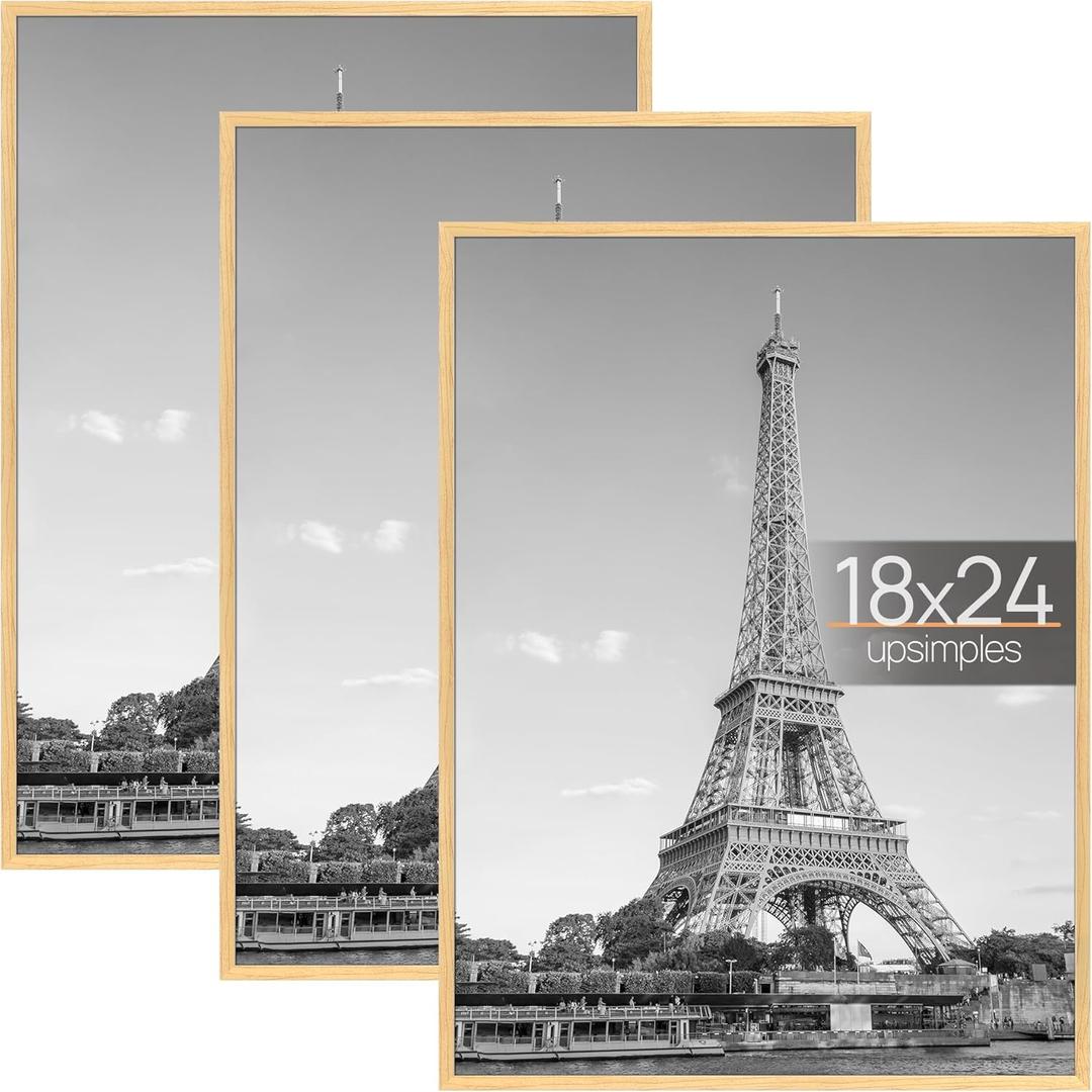 upsimples 18x24 Picture Frame Natural 3 Pack, Scratch-Proof Poster Frames 18 x 24 for Photo Gallery - Slide-In Strips, Horizontal or Vertical Wall Mounting