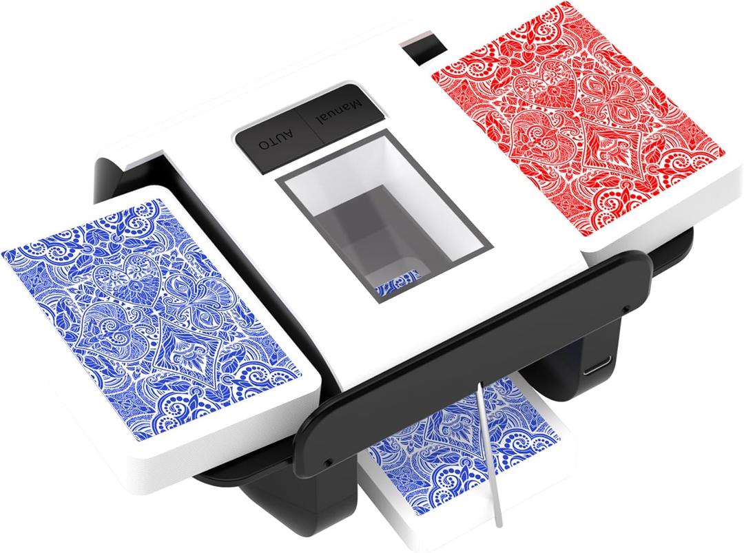 ADZERD Automatic Card Shuffler for 1-2 Decks with Dual Auto/Manual Modes, USB-C Rechargeable, Quiet Operation, Compatible with UNO, Poker, Mahjong, Bridge, Rummy, Skip-Bo, Phase 10 & More (white)