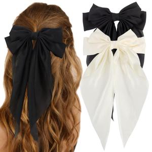 2 x Big Silky Satin Hair Bows 2pcs 3pcs 6pcs Pack for Women Hair Ribbons Oversized Long Tail White Black Pink Multicolor Large Hair Barrettes Metal Clips Bowknot Aesthetic Accessories DX Grandway