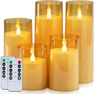 Homemory Amber Flickering Flameless Candles, Battery Operated Acrylic LED Pillar Candles with Remote Control and Timer, Fall Candles, Set of 5