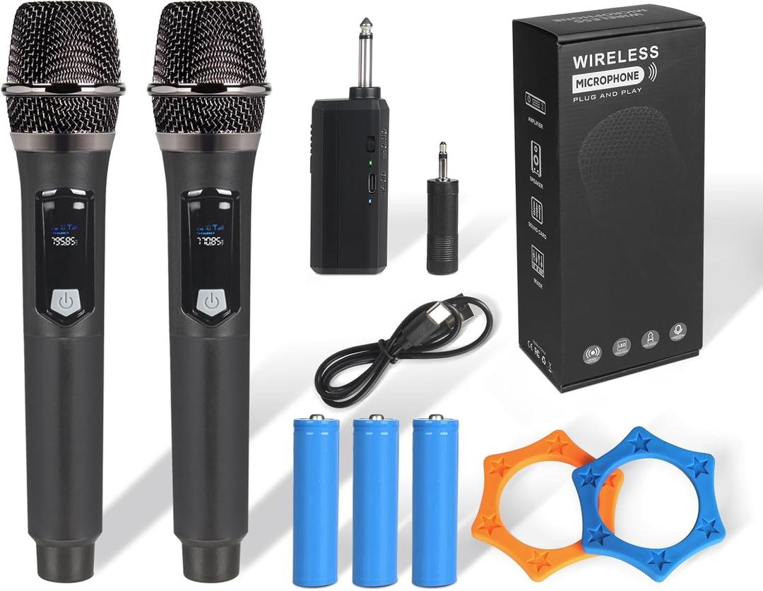 Wireless Microphone Set for Singing, Speech & Events, 2.4GHz Dual Cordless Mics with Rechargeable Receiver, 200ft Range, Metal Mic 2-Pack for Karaoke, Party, PA SystemsBlack