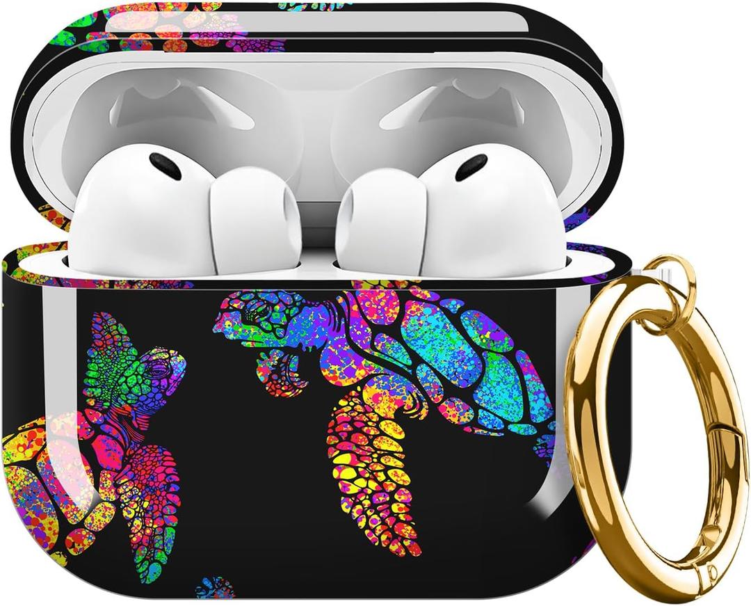 Compatible with AirPods Pro 3 (2025) Case Soft TPU with Cute Golden Keychain Cover Case for Girls Women for Airpod Pro 3 - Colorful Turtle