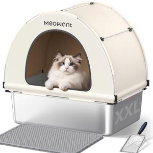 Meowant Stainless Steel Cat Litter Box with Lid, Extra Large Metal Litter Box with DIY Oxford Fabric Cover, Anti-Leakage & Non-Sticky, Odor Control, Easy Cleaning, Includes Litter Mat & Metal Scoop (Grey)