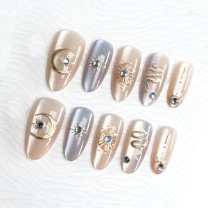 30Pcs Gold Star Press on Nails Medium Almond Fake Nails with 3D Blue Rhinestones Designs Glue on Nails Cute Moon Acrylic Nails Gold Snake French False Nails Bohemian Style Stick on Nails for Women