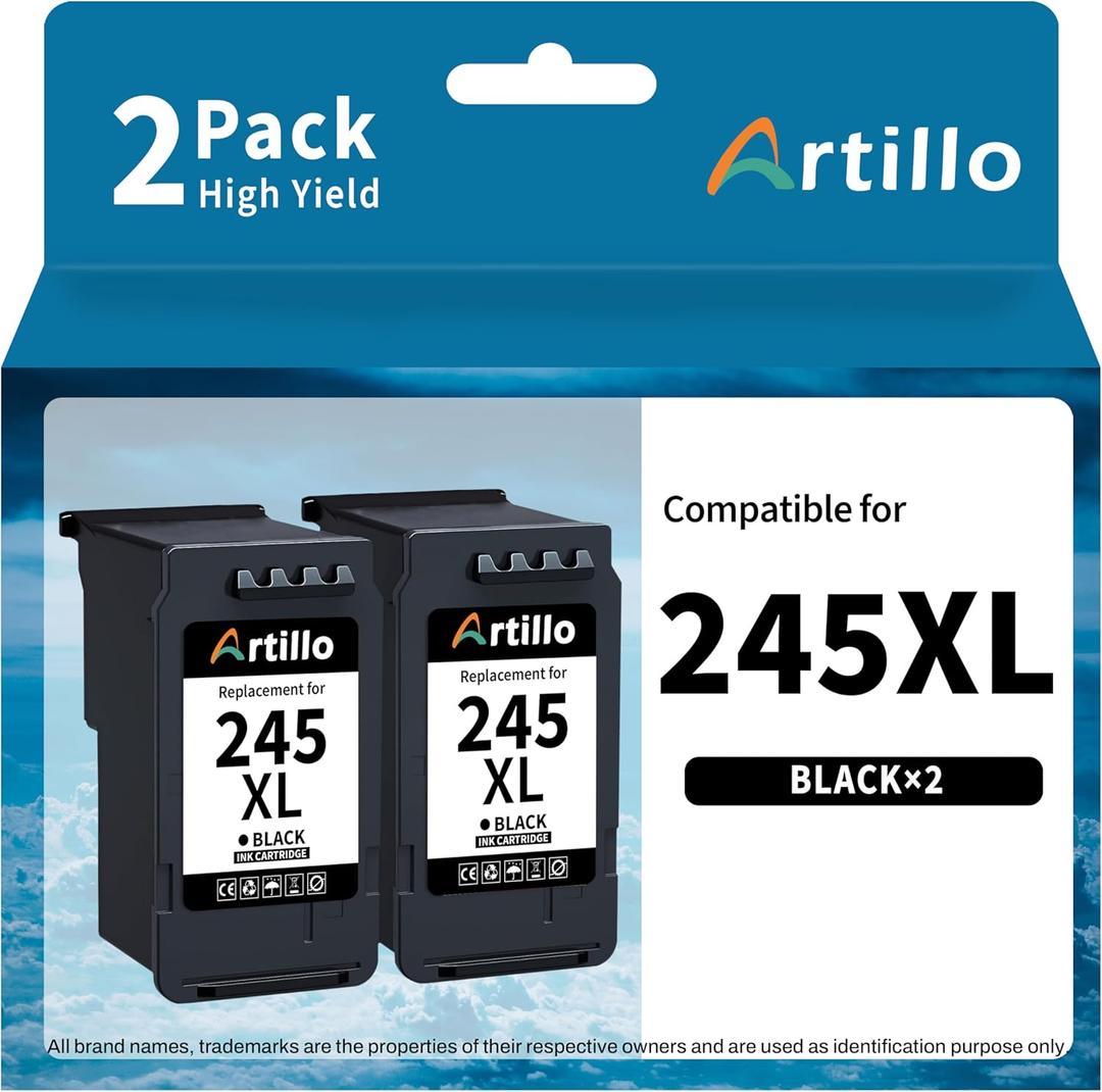 245XL Black Ink Cartirdge Replacement for Canon Ink Cartirdge 245XL Combo Pack PG-245XL PG245XL for Pixma MX490 MG2520 MG2522 MG2922 TR4520 TS202 TS3122 TS3322 Printer (2 Black)