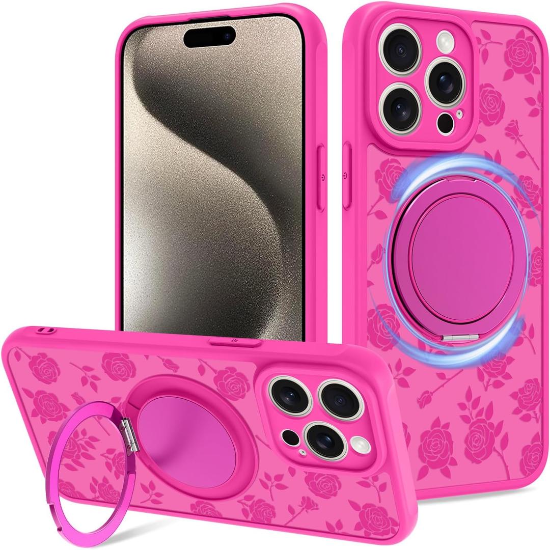 Fiyart Designed for iPhone 15 Pro Max Case Ring Holder Kickstand Magnetic Bumper Compatible with MagSafe Camera Lens Protection for Women Men Rose Flowers 6.7"-Rose Red