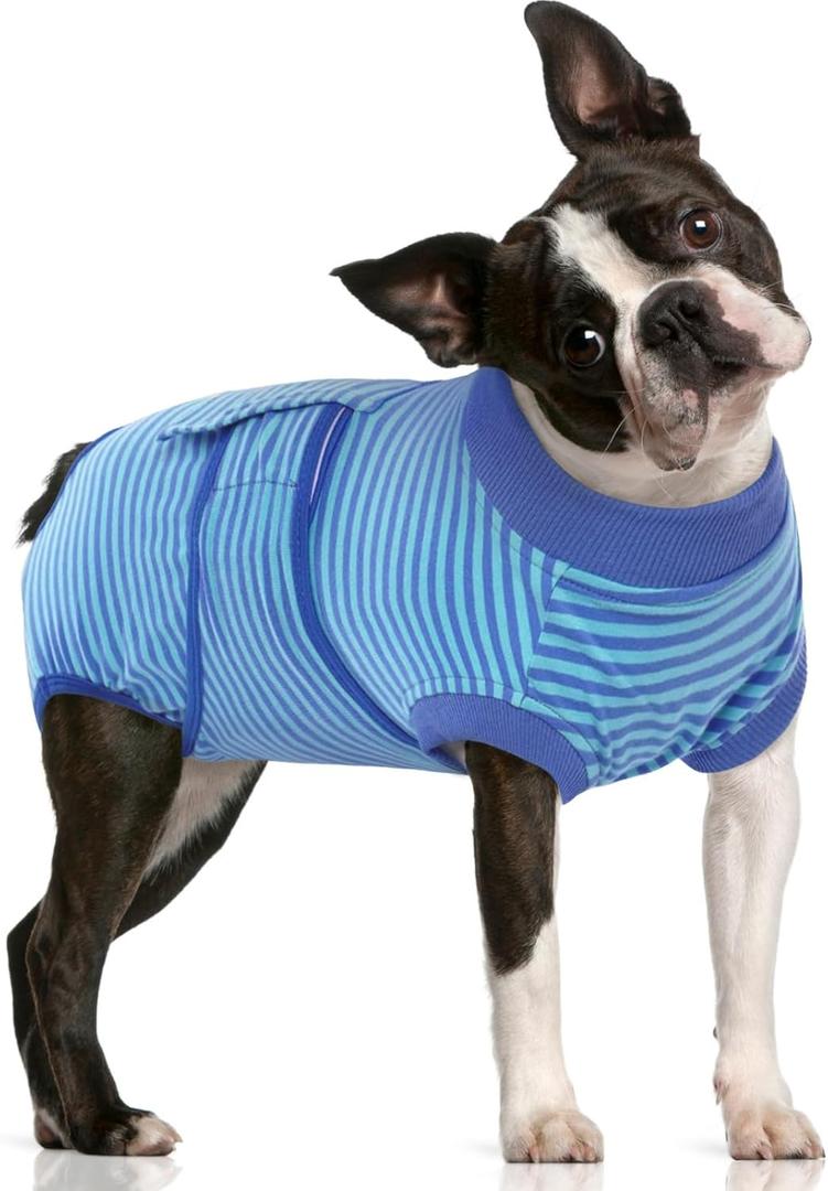 FUAMEY Recovery Suit for Dogs After Surgery,Soft Breathable Dog Bodysuit E-Collar & Cone Alternative Surgical Suit,Male Female Dog Neuter Spay Suits Anti Licking Wounds Onesie Navy Blue Strips M (M (Back:13.4-16.1'', Weight:14-25 LB))