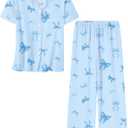 Umeyda Girls Pajamas Set Button Down Notch Collar Soft Short Sleeve Pjs Set with Long Pant Set Lounge Set (11-12 Years, A Blue Bow Tie)