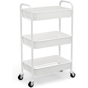 CAXXA 3-Tier Rolling Metal Storage Organizer - Mobile Utility Cart Kitchen Cart with Caster Wheels, White