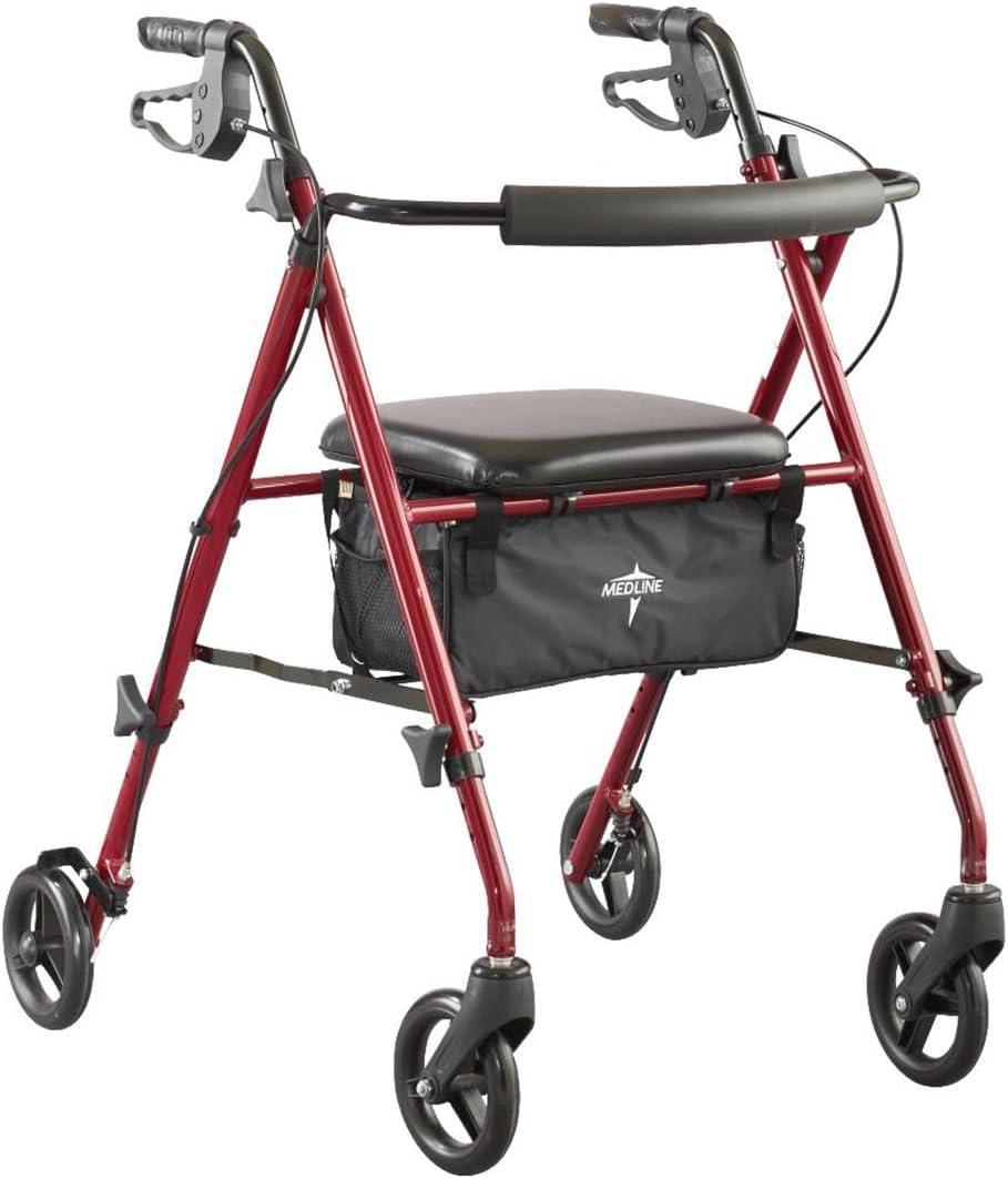Medline Superlight Folding Aluminum Mobility Rollator Walker, Red, 250 lb. Weight Capacity, 6" Wheels, Adjustable Arms and Seat, Foldable Rolling Walker for Seniors (Burgundy)