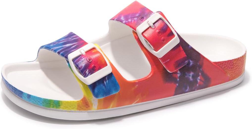 FUNKYMONKEY Women's Comfort Slides Double Buckle Adjustable Plastics Flat Sandals (7, Rainbow Digital Printing/Xpz)