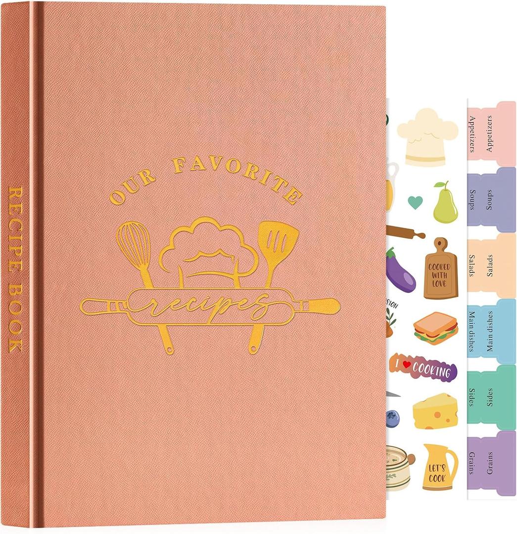 Lanpn B5 Blank Recipe Book Cookbook for 70 Recipes, Leather Cover Waterproof Empty Cooking Journal to Write in Your Own Recipes, Recipe Notebook with Stickers to Organize Your Family Recipes, Rose (Large (7 x 10 inch))
