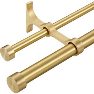 Double Curtain Rods with Aluminum End Cap and Full Surround Brackets,1"Front and 5/8" Back Rod,Adjustable between 72 to 144 Inches (6-12 Feet), Brass Double Window Drapery Rod