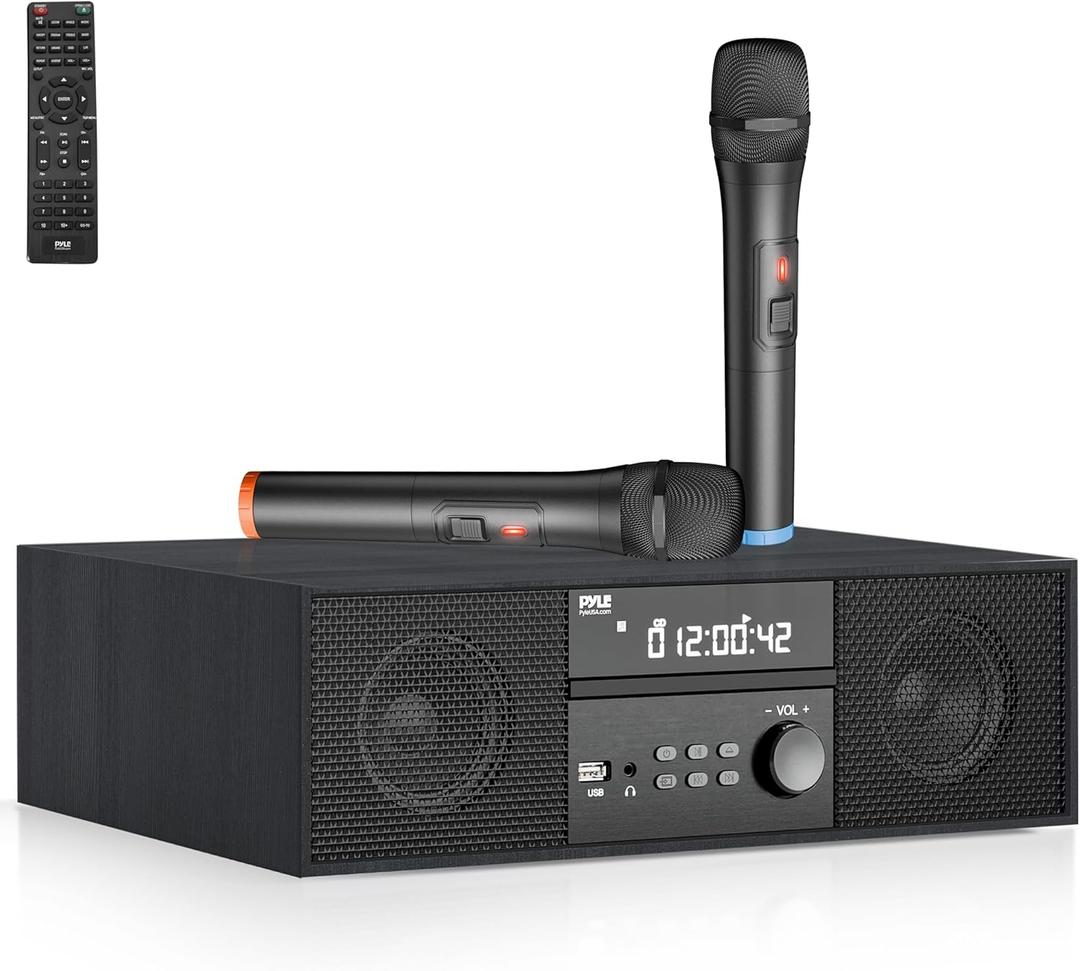 Pyle Home CD/DVD Stereo Shelf System - 200W Remote Operated Player w/Wireless Microphone, BT Connectivity, FM Radio/USB/Earphone/AUX, Supports HDMI, Adjustable Bass/Treble (Full Black) Pyle Home CD/DVD Stereo Shelf System - 200W Remote Operated Player w/Wireless Microphone, BT Connectivity, FM Radio/USB/Earphone/AUX, Supports HDMI, Adjustable Bass/Treble (Full Black)