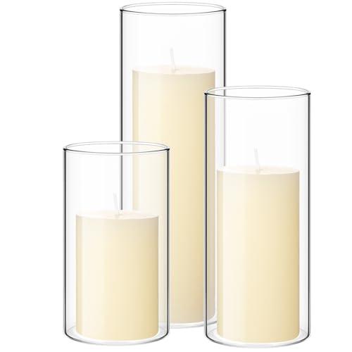Shihanee Set of 3 Pillar Candles and 3 Glass Cylinder Candle Vases Holders Clear Pillar Jars for Wedding Centerpieces(2.6'' X 4.7'', 5.9'', 7.9'',Ivory White)