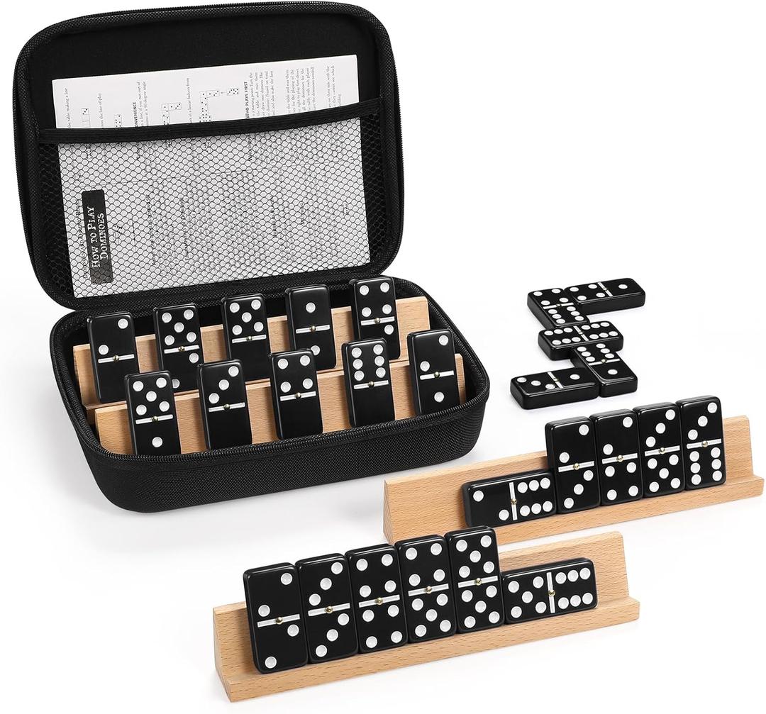 Jumbo Dominos Set for Adults with 4 Wooden Racks/Trays, Double 6 Dominoes Travel Set with Portable Case Double Six Dominoes Set with 4 Tiles Holders, 28 Tiles Dominos Set for Family Board Games
