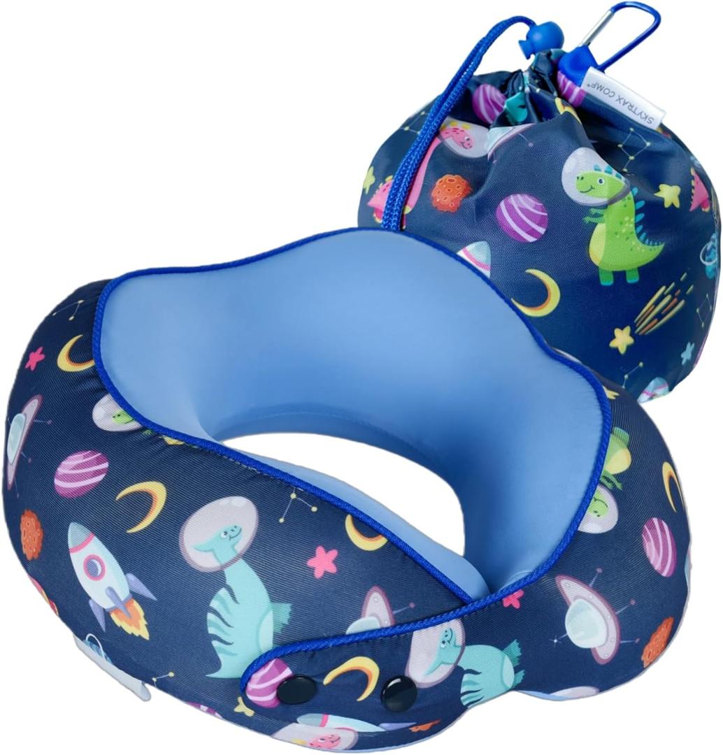 SKYTRAX Certified Kids Safe Memory Foam Travel Neck Pillows for Kids and Toddlers, Cute Cartoon Design, Car Seat & Airplane Head Neck Support, Adjustable Snap Buttons, Washable Soft Cover (Dinosaur)