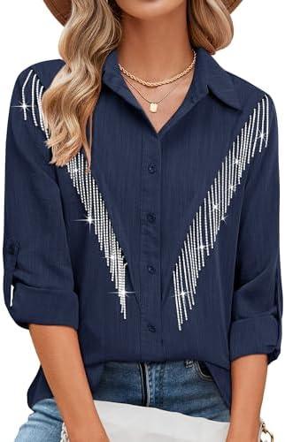 MYMORE Womens Rhinestone Fringe Button Down Shirt Rolled 3/4 Sleeve Sparkly Top Concert Nashville Western Cowgirl Outfit Size M