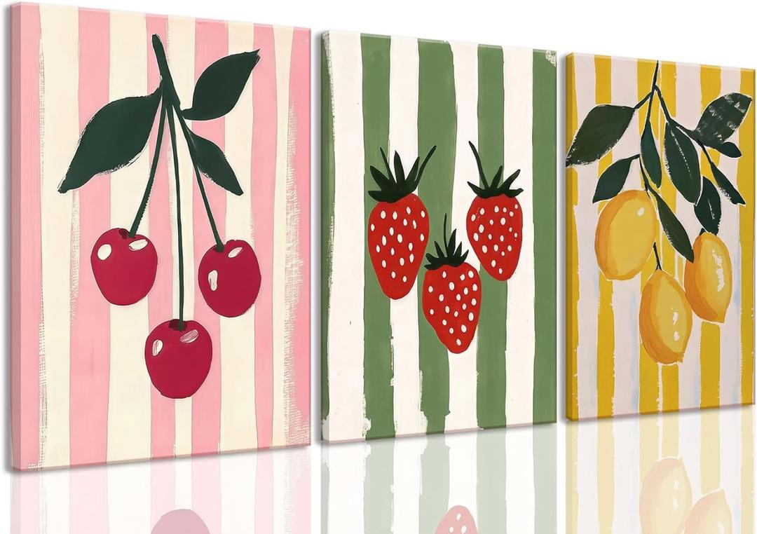 LHHJDIO 3 Piece Trendy Fruit Canvas Wall Art Vintage Kitchen Wall Art Colorful Cherry Strawberry Lemon Pictures Wall Decor Fruit Abstract Art Print for Kitchen Dining Room Bedroom 12"x16"