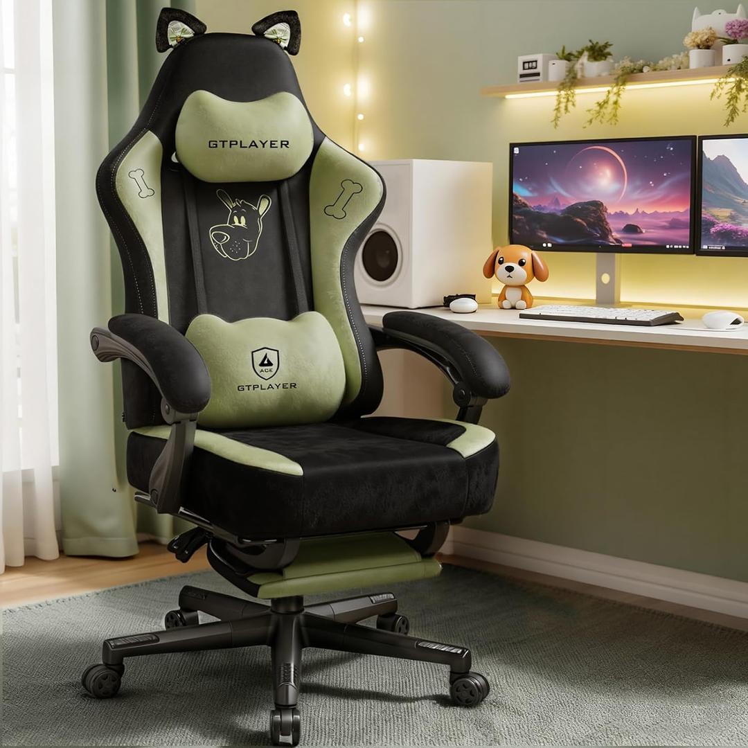 GTPLAYER Gaming Chair Cute with Cat Ears Ergonomic Computer Chair with Dog Embroidery Adjustable Memory Foam Lumbar Support and Headrest Comfortable Reclining Office Chair Soft Velvet Fabric for Women (Green) (Seat Depth: 21.7 inches, Seat Width: 20 inches)