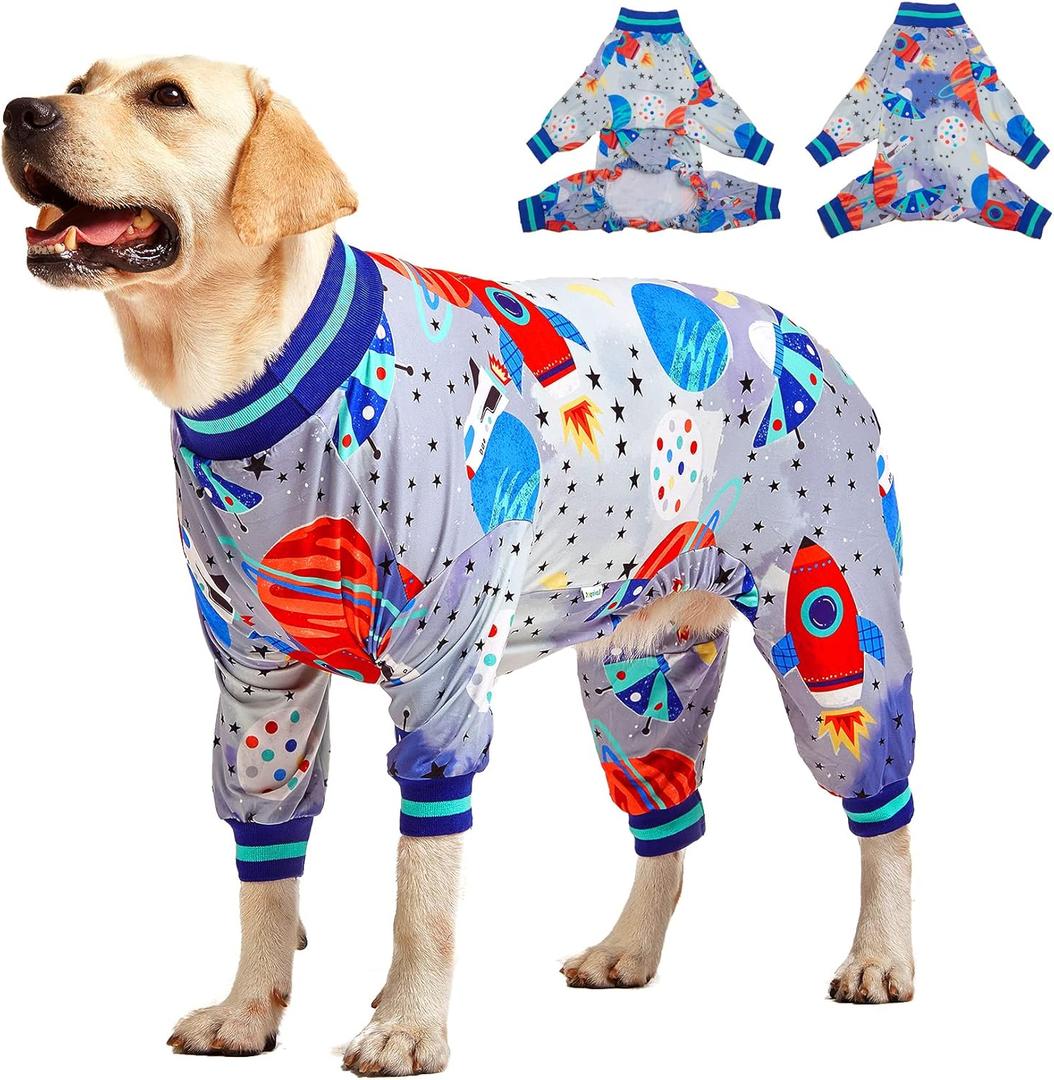 LovinPet Large Dog Wound Care/Surgery Recovery Clothes, Large Pitbull Pajamas, Lightweight Stretchy Jersey Knit, Galaxy World Gray Print, Big Dog Jammies,UV Protection, Pitbull Pajamas, Pet PJ's /3XL (Multi-colored)
