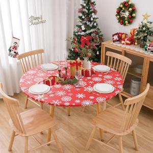 Xikaywnt Round Vinyl Christmas Tablecloth with Elastic Edge, Snowflake PVC Table Cloth Waterproof Wipe Clean Holiday Table Cover for Dining Party, 57"- 65"