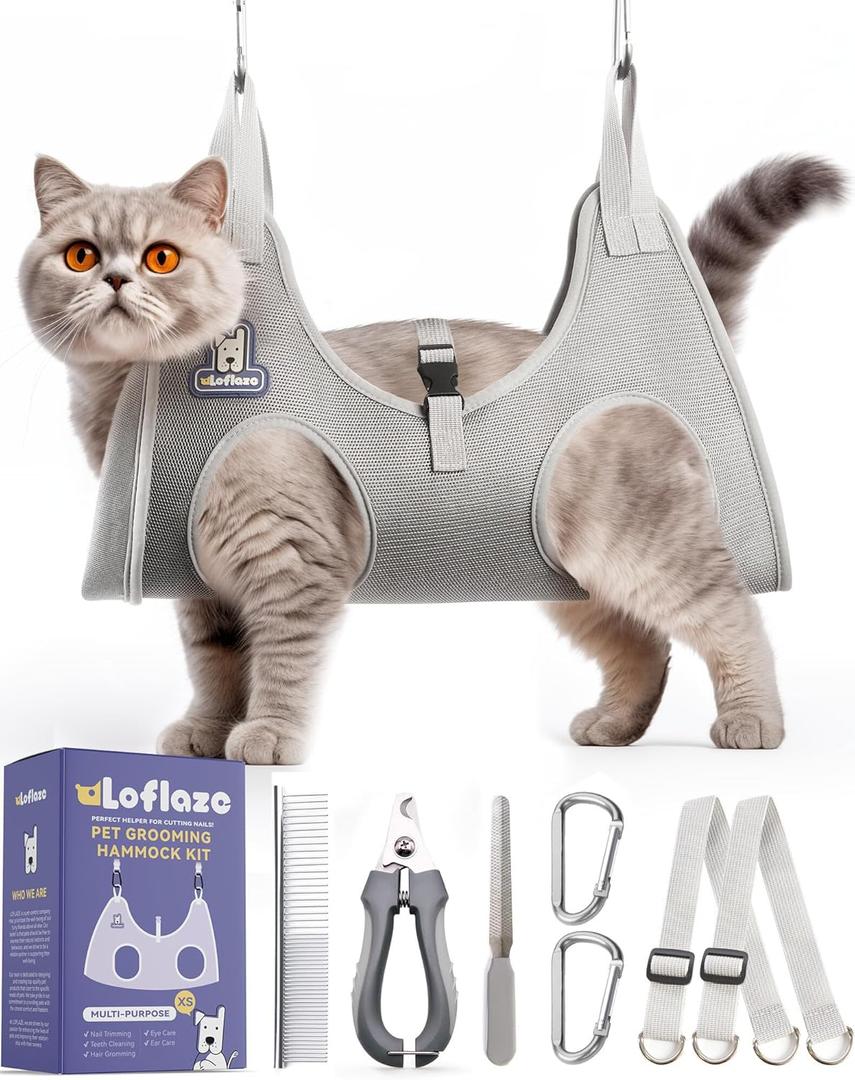 Loflaze Dog Grooming Hammock Harness for Dogs & Cats with Pet Nail Clipper Trimmer - Cat Hanger Sling for Trimming Clipping Nails- Dog Hammock Restraint Bag for Small Medium Large pet  Grey XS (XS ( Legs Distance :3.2-9" / Max W20lb ))