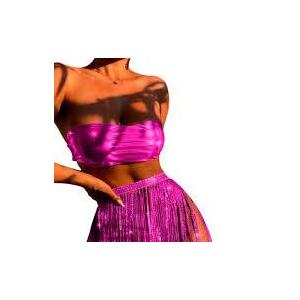 Rave Outfits for Women - Festival Metallic Holographic Bandeau Top Sequin Tassels Skirt 3 Pcs Sexy Bikini Set Large