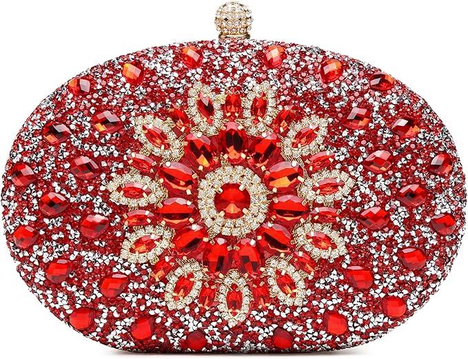 Beaguful Women's Evening Bags Sparkly Rhinestone Clutch Purses Luxury Handbags Oval Red