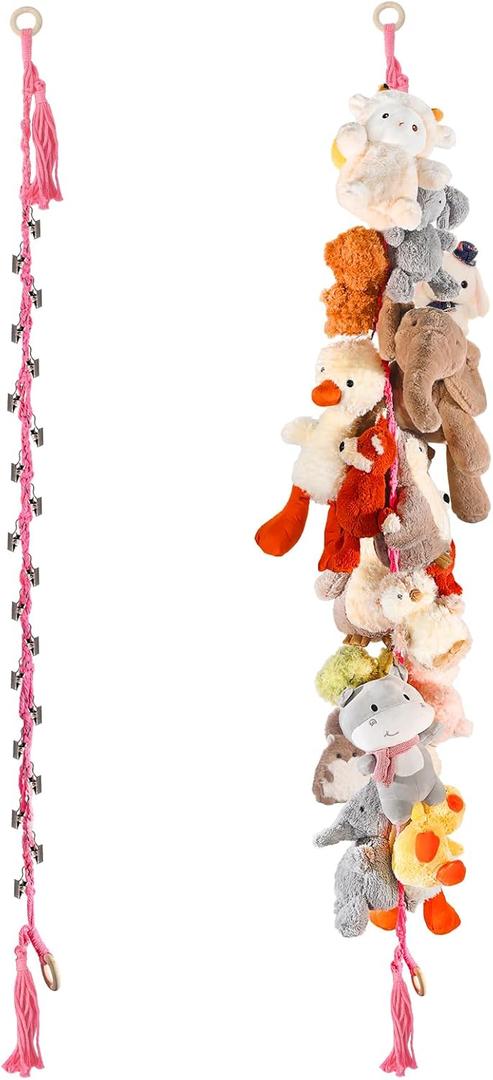 CERETIA 80" 2-Pack Cotton Hanging Storage Chain For Stuffed Animals Storage with 20 Metal Clips, Stuffed Animal Organizer Chain for Wall Corner Nursery Play Room, Pink