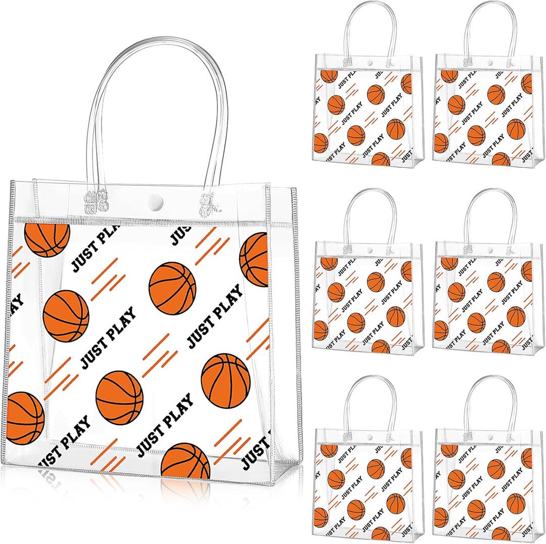 Aliceset 20 Pcs Basketball Clear Gift Bag with Handles Plastic Basketball Treat Plastic Sport Theme Favor Snack Bag for Team Game Rookie Year Birthday Decorations, 8 x 8 x 3.15 Inch
