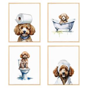BRRNYOI Poodle Dog Bathroom Wall Art Posters Set of 4, Poodle Lover Gifts, Funny Dog Toilet Canvas Prints Wall Decor for Bathroom Washroom Restroom, 8x10 Unframed