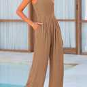 PRETTYGARDEN Womens Summer Jumpsuits Dressy Casual One Piece Outfits Sleeveless Mock Neck Wide Leg Pants Rompers with Pockets (Brown, S)