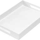 Glossy White Sturdy Acrylic Serving Tray with Handles 10x15x2H Inches -Spill Proof- Decorative Trays Countertop Organizer for Ottoman Coffee Table Nightstand, sidetable, Breakfast, Tea, Food