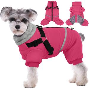 BRKURLEG Dog Winter Coat with Harness Built in, Winter Dog Jacket for Large Dogs, Dogs Snowsuit Reflective Windproof Cold Weather Coat, Puppy Warm Fleece Coats, Hot Pink, L