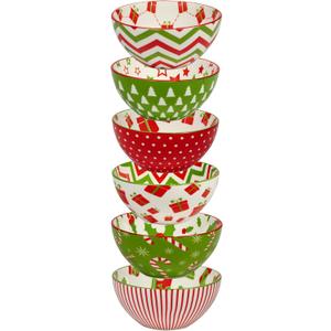 Holiday Fun 13 oz Porcelain Bowls Set of 6  Festive Assorted Designs, Chip-Resistant, Dishwasher & Microwave Safe, Durable All-Purpose Holiday Dinnerware for Snacks, Soups, and Desserts. (4.75 inches (W) x 2.25 inches (H))