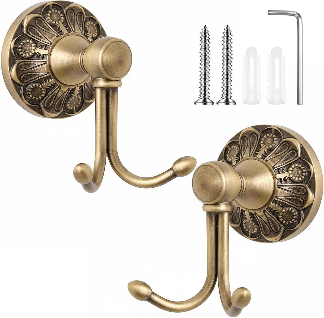 Yaocom Brass Towel Hook 2 Pack, Vintage Wall Mounted Robe Holder Heavy Duty Bathroom Coat Hanger for Towels Clothes Bathrobes, Antique Brass Decorative Hardware for Bathroom Kitchen Entryway