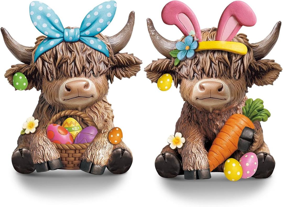 Karenhi 2 Pcs Easter Highland Cow Figurines Bunny Eggs Basket Highland Cow Gnomes Pink Rabbit Scottish Resin Statue Calf Lovers Gifts for Spring Home Kitchen Office Tiered Tray Table Decor