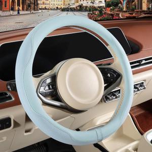 Nappa Leather Blue Steering Wheel Cover, Advanced Microfiber Leather Non-Slip Breathable Fabric, Warm in Winter and Cool in Summer, Universal 15 inch