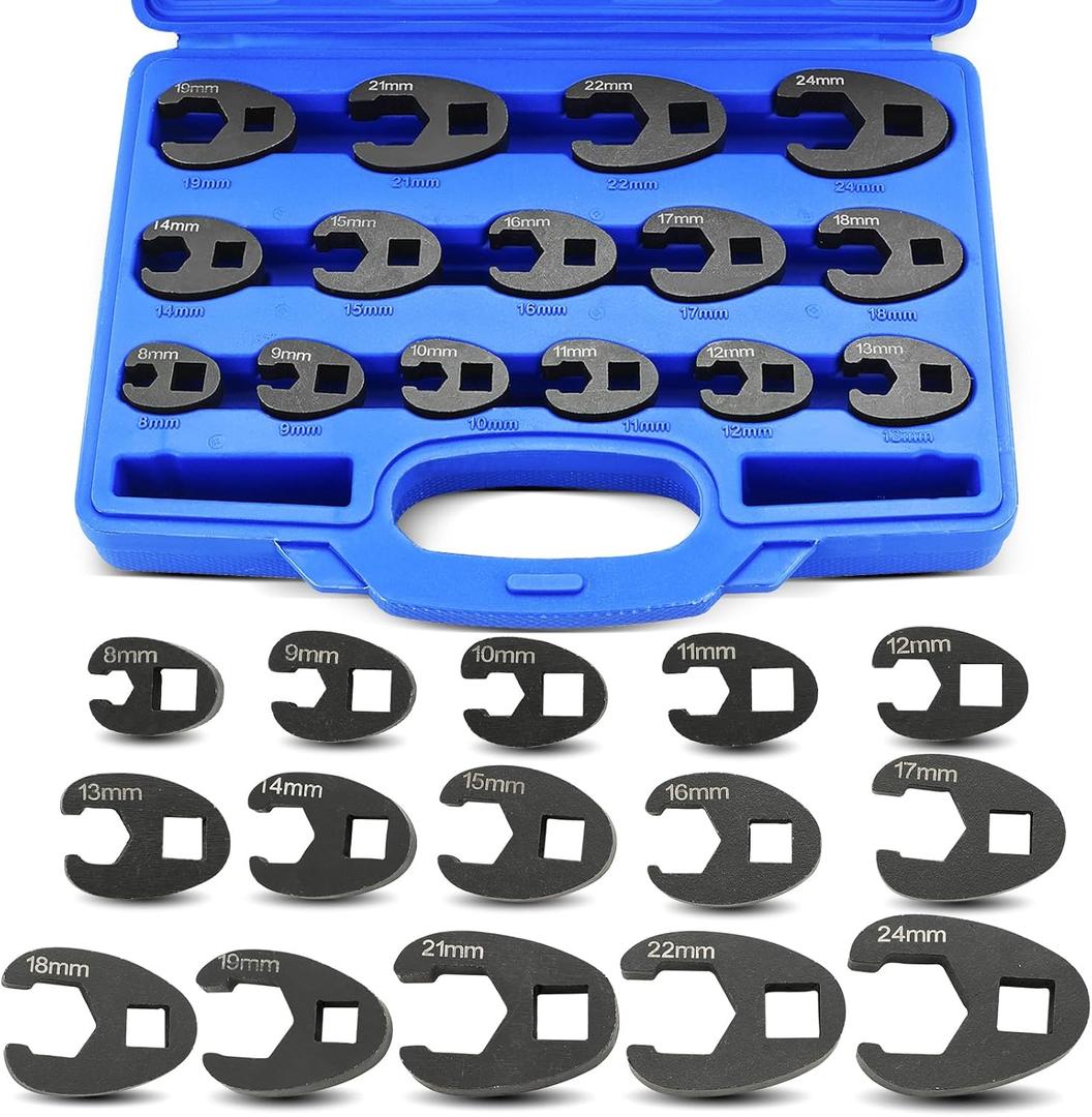 15pc Crowfoot Wrench Set 1/2 & 3/8 Drive Tool, Metric Crows Foot Wrench Kit 8mm-24mm