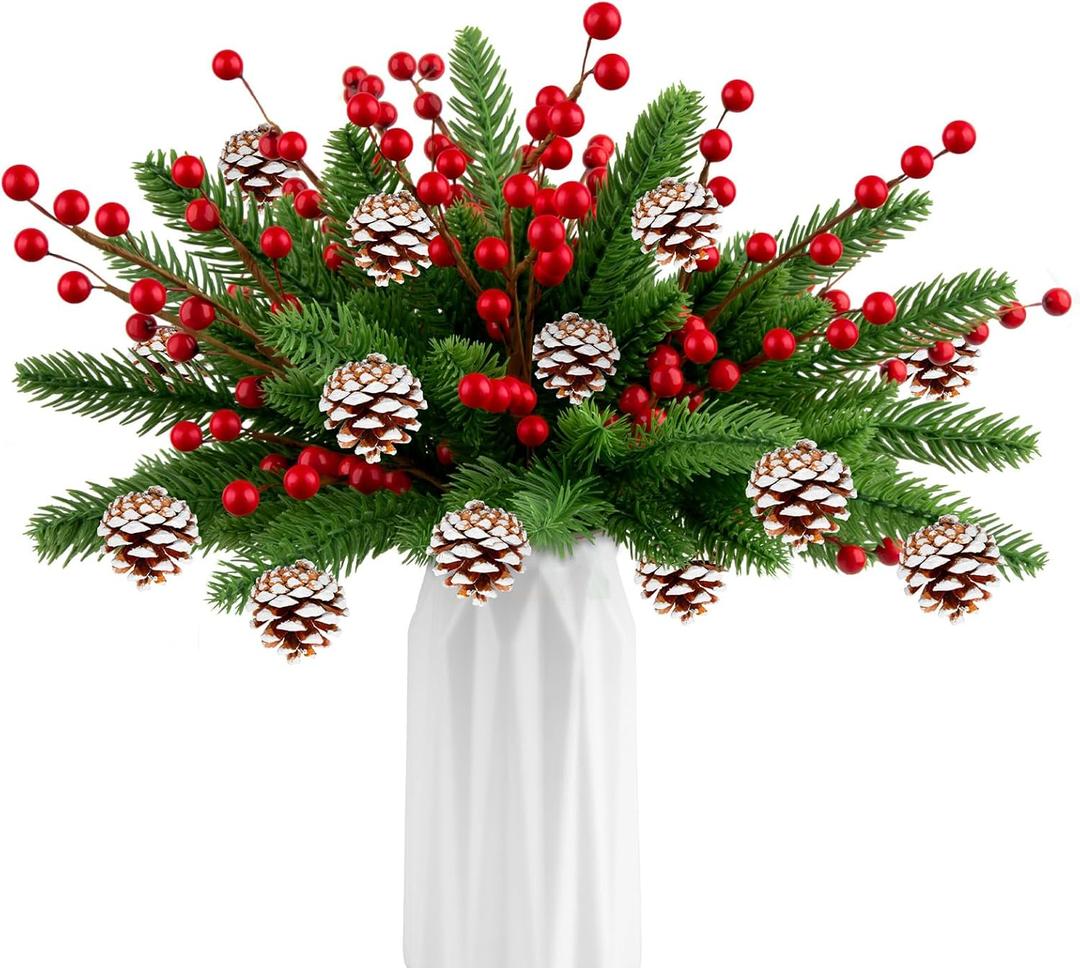 54 Pcs Christmas Norfolk Pine Branches with Pine Cones and Berry 11 Inch Real Touch Artificial Norfolk Pine Stems Faux DIY Greenery Pine Picks for Holiday Xmas Tree Garland Wreath Home Decoration