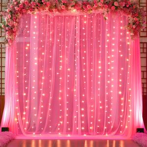 10ft x 10ft Hot Pink Tulle Photo Backdrop Curtain with Lights String for Parties Wedding Sheer Fuchsia Curtain Backdrop for Birthday Party Bridal Shower Photo Booth Photography Background Decorations