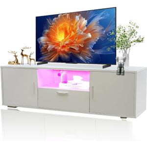 HOUAGI TV Stand for 55 Inch TVs, Modern LED Entertainment Center with Storage Cabinet and Open Shelf Console Table Storage Desk,TV Console Table for Living Room,Bedroom,White