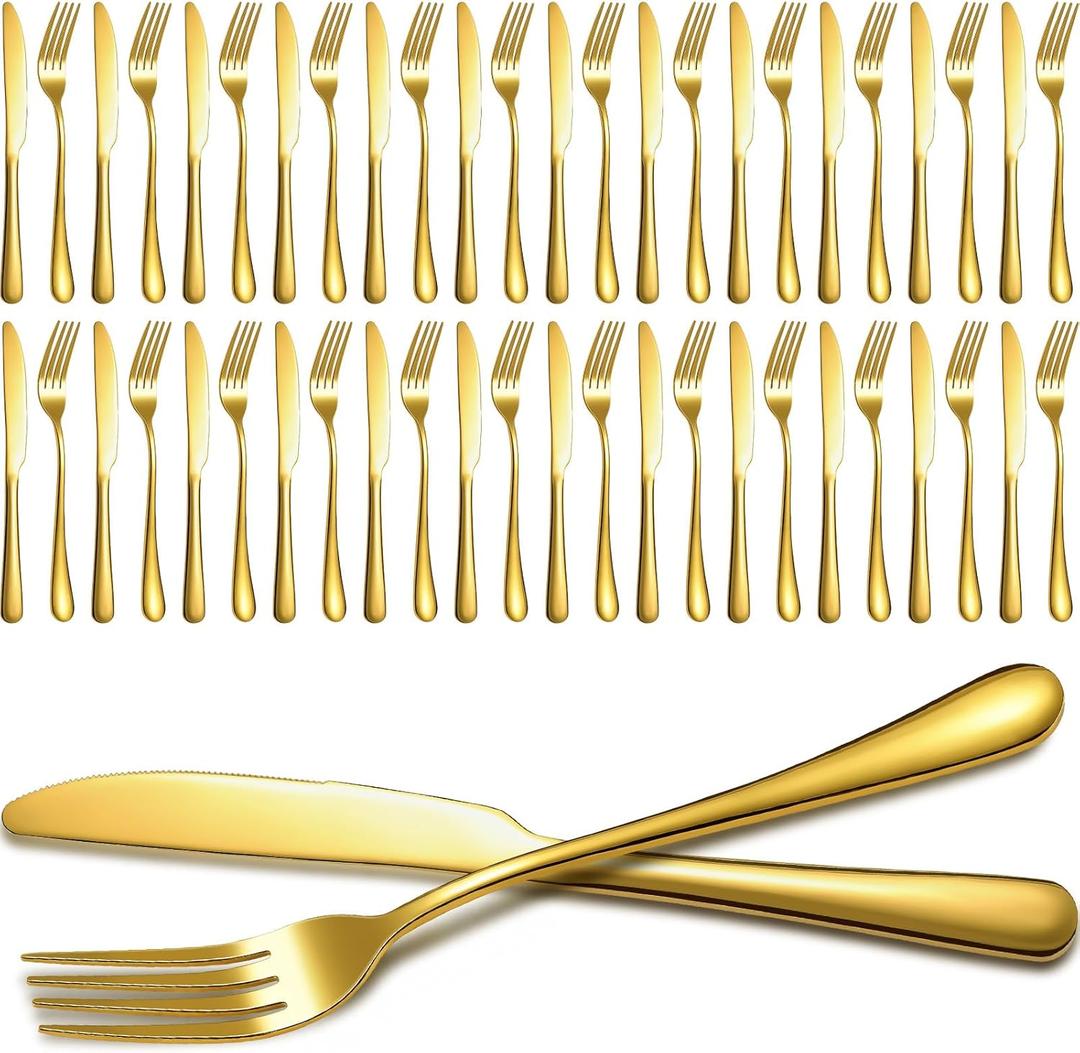 Nuenen 50 Pieces Stainless Steel Forks Silverware Set Dinner Forks and Knives Flatware Tableware Cutlery Set for Kitchen Restaurant(8.07 x 0.94 Inch, 9.06 x 0.79 Inch,Gold)