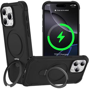 Designed for iPhone 16 Pro Case with Magnetic Stand [Military Drop Protection][Compatible with Magnet] Shockproof 16 Pro Phone Case with Ring Holder, Black