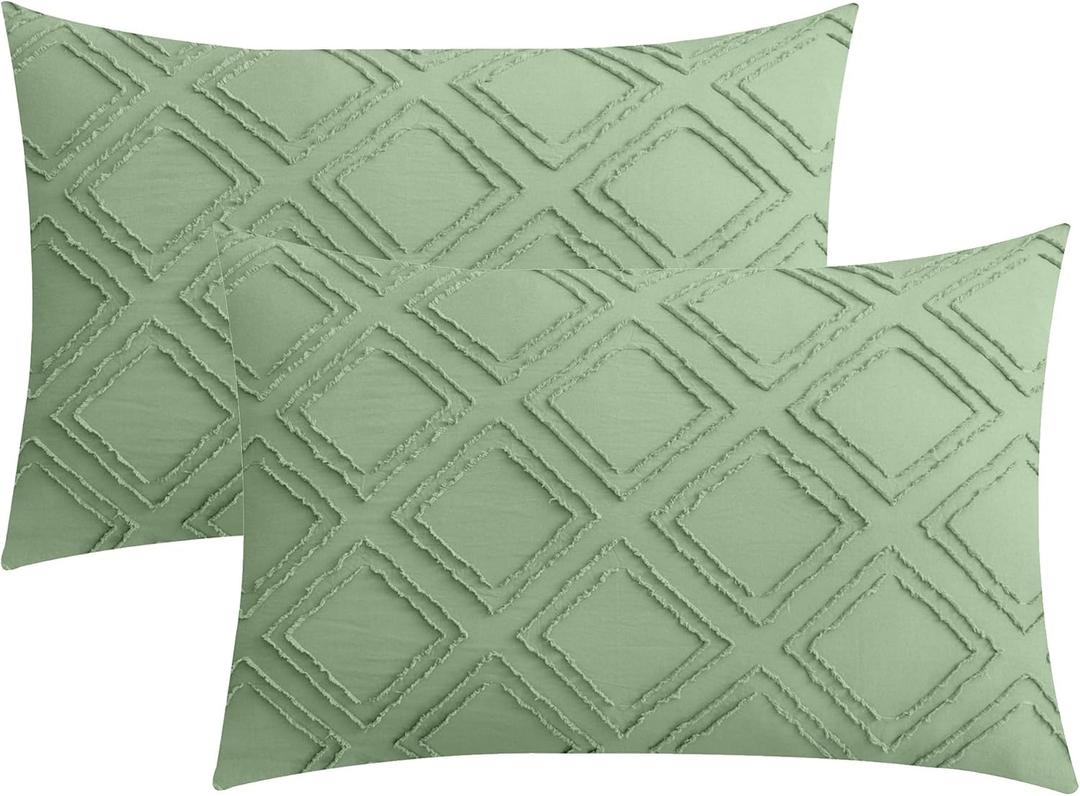 JELLYMONI Pillowcases King Size Light Green 2 Pack Boho Plaid Bed Pillow Covers 20x36in Polyester Envelope Pillow Shams Tufted Bohemian Textured (Pillows are not Included)