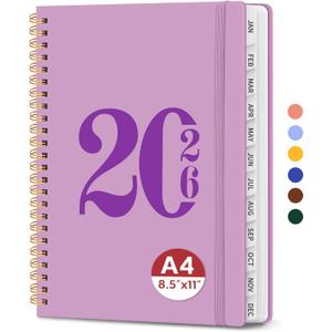 2026 Planner, Weekly and Monthly Calender Planner, Jan 2026 to Dec 2026, Hardcover 2026 Calendar Book with Tabs & Inner Pocket, Office Home School Supplies for Women & Men - A4 (8.5" x 11"), Boho Purple