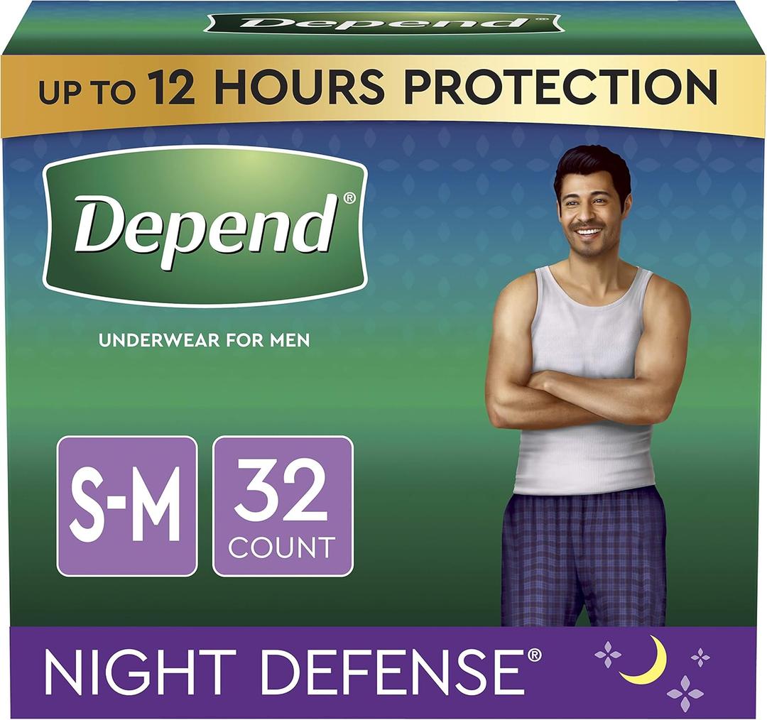 Depend Night Defense Adult Incontinence Underwear for Men, Overnight, Disposable, Small/Medium, 16 Count (Pack of 2) (Packaging May Vary)