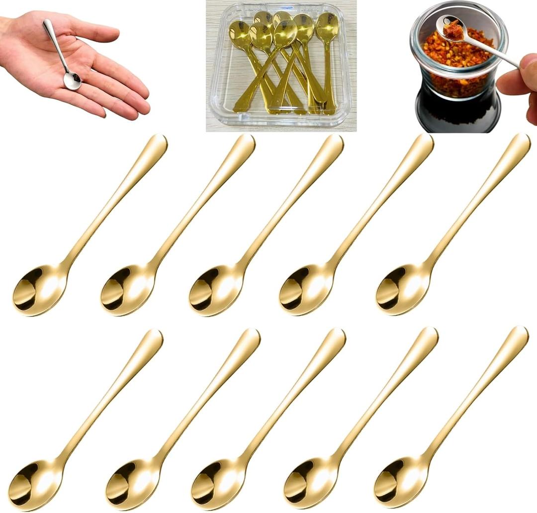 10 Pcs Mini Spoons for Spices, Small Size 2.8" Salt Spoons With Acrylic Box, 304 Stainless Steel Tiny Spoon, Little Spoon for Salt, Sugar, Coffee, Powder, Dessert, Caviar (Gold)